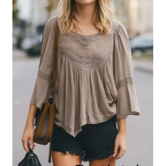 Ultra Pink Taupe L Blouse – Lightweight Boho Lace Cottagecore Statement - Picture 1 of 12